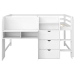 Full Size Low Loft Wood Bed with Built-in Desk, Storage Cabinets, Bookcase, White | Just Better Bunk Beds - View 14