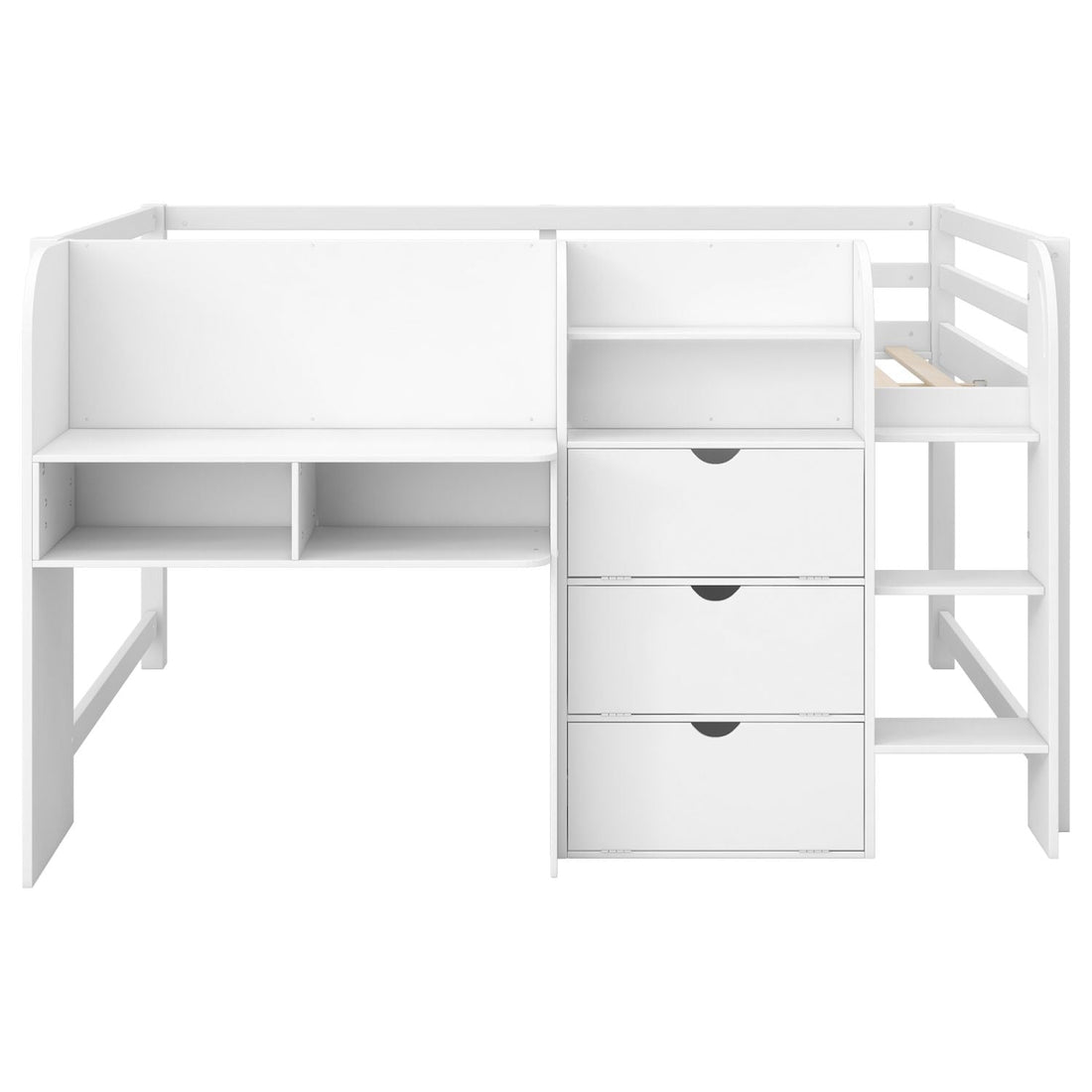 Full Size Low Loft Wood Bed with Built-in Desk, Storage Cabinets, Bookcase, White | Just Better Bunk Beds - View 14