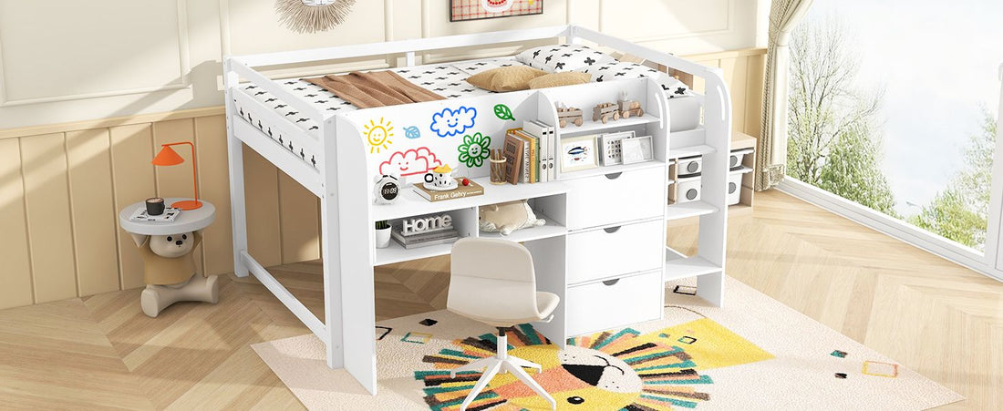 Full Size Low Loft Wood Bed with Built-in Desk, Storage Cabinets, Bookcase, White | Just Better Bunk Beds - View 7