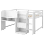 Full Size Low Loft Wood Bed with Built-in Desk, Storage Cabinets, Bookcase, White | Just Better Bunk Beds - View 12