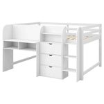 Full Size Low Loft Wood Bed with Built-in Desk, Storage Cabinets, Bookcase, White | Just Better Bunk Beds - View 17