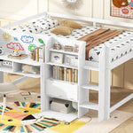 Full Size Low Loft Wood Bed with Built-in Desk, Storage Cabinets, Bookcase, White | Just Better Bunk Beds - View 6