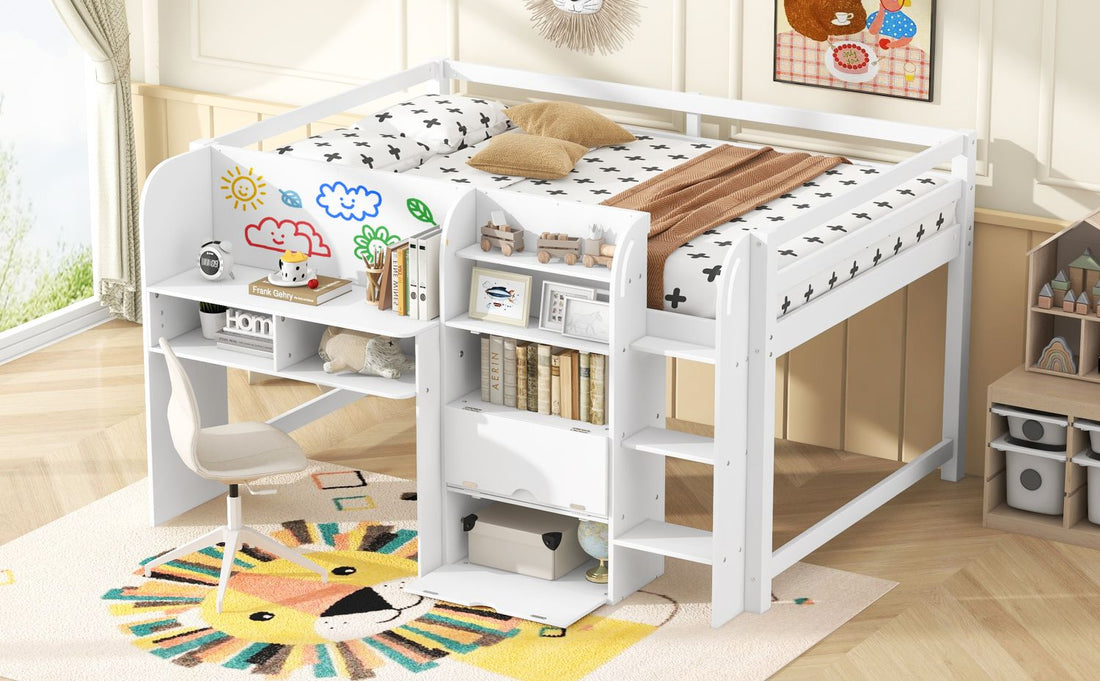Full Size Low Loft Wood Bed with Built-in Desk, Storage Cabinets, Bookcase, White | Just Better Bunk Beds - View 6