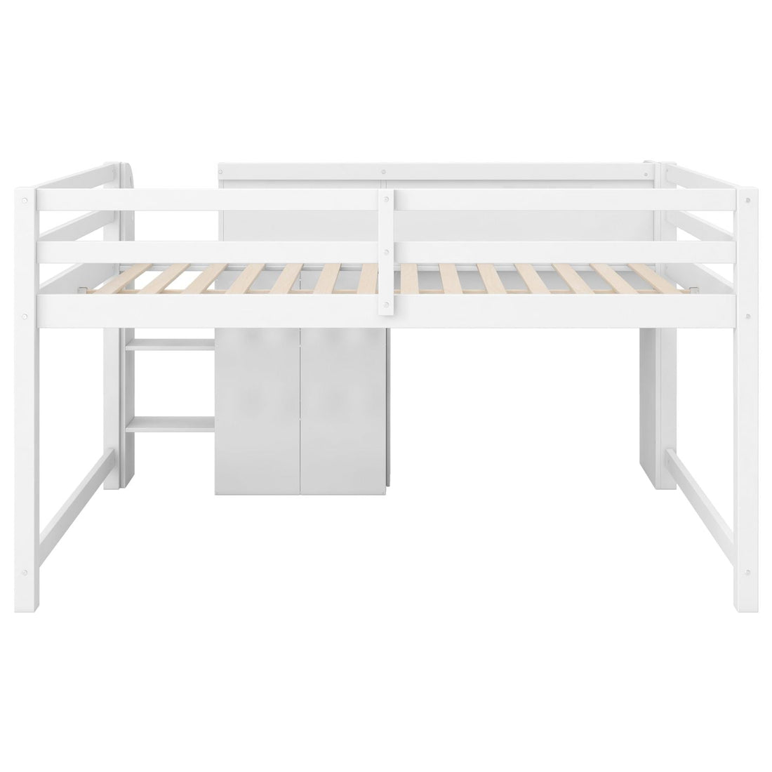 Full Size Low Loft Wood Bed with Built-in Desk, Storage Cabinets, Bookcase, White | Just Better Bunk Beds - View 16