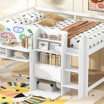 Full Size Low Loft Wood Bed with Built-in Desk, Storage Cabinets, Bookcase, White | Just Better Bunk Beds - View 9