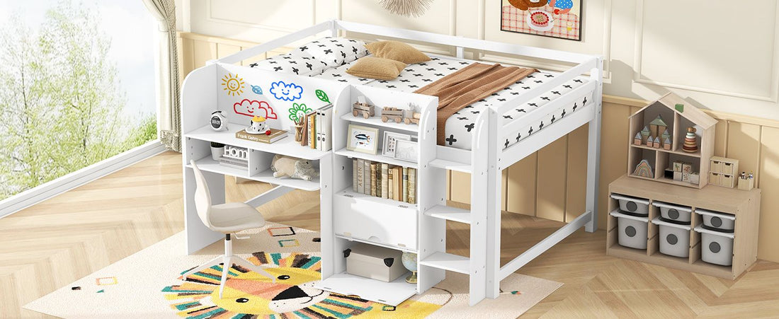 Full Size Low Loft Wood Bed with Built-in Desk, Storage Cabinets, Bookcase, White | Just Better Bunk Beds - View 9