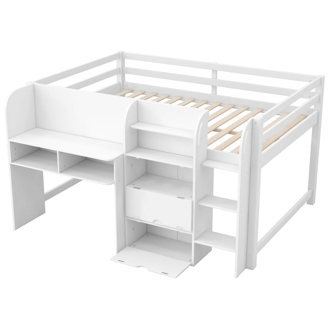 Full Size Low Loft Wood Bed with Built-in Desk, Storage Cabinets, Bookcase, White | Just Better Bunk Beds - View 18
