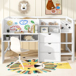 Full Size Low Loft Wood Bed with Built-in Desk, Storage Cabinets, Bookcase, White | Just Better Bunk Beds - Side View