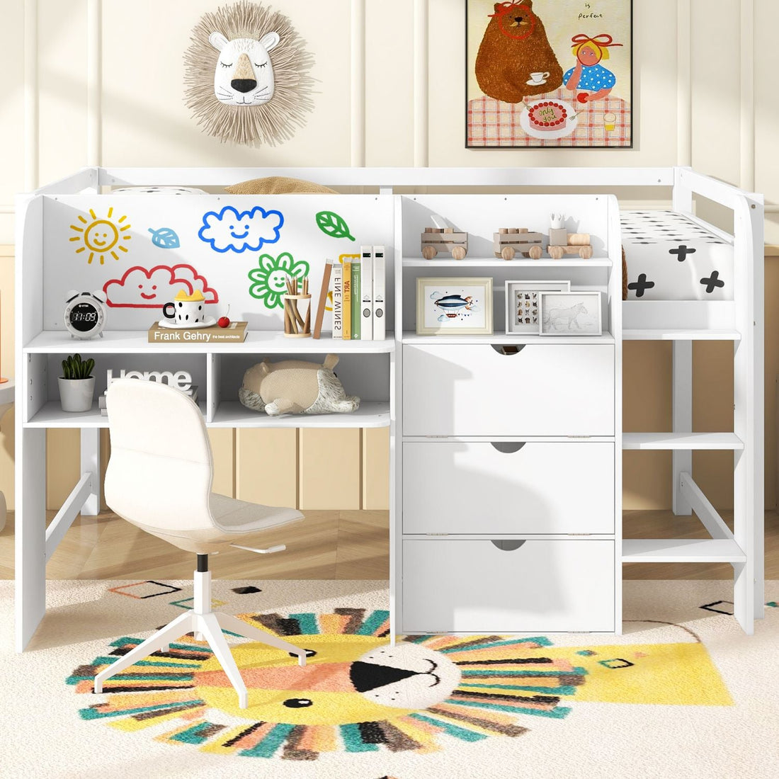 Full Size Low Loft Wood Bed with Built-in Desk, Storage Cabinets, Bookcase, White | Just Better Bunk Beds - Side View