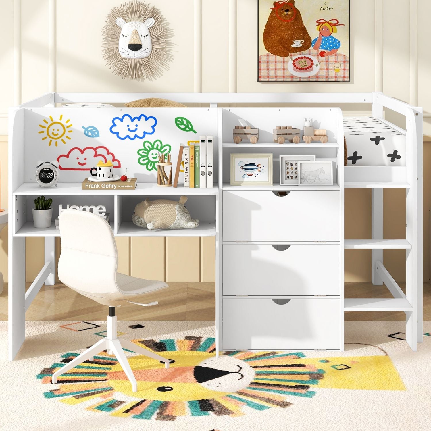 Full Size Low Loft Wood Bed with Built-in Desk, Storage Cabinets, Bookcase, White | Just Better Bunk Beds - Side View