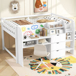 Full Size Low Loft Wood Bed with Built-in Desk, Storage Cabinets, Bookcase, White | Just Better Bunk Beds - Detail View