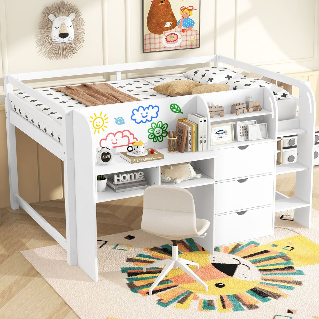 Full Size Low Loft Wood Bed with Built-in Desk, Storage Cabinets, Bookcase, White | Just Better Bunk Beds - Detail View