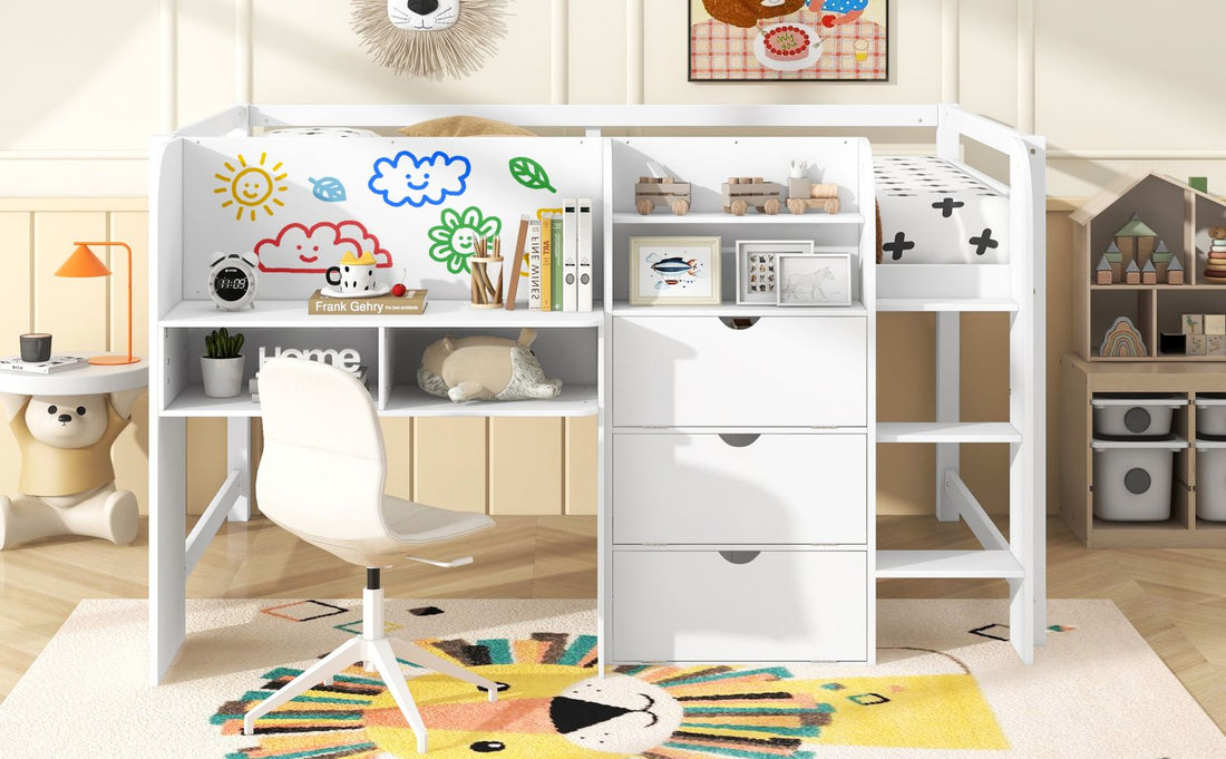 Full Size Low Loft Wood Bed with Built-in Desk, Storage Cabinets, Bookcase, White | Just Better Bunk Beds - Assembly View
