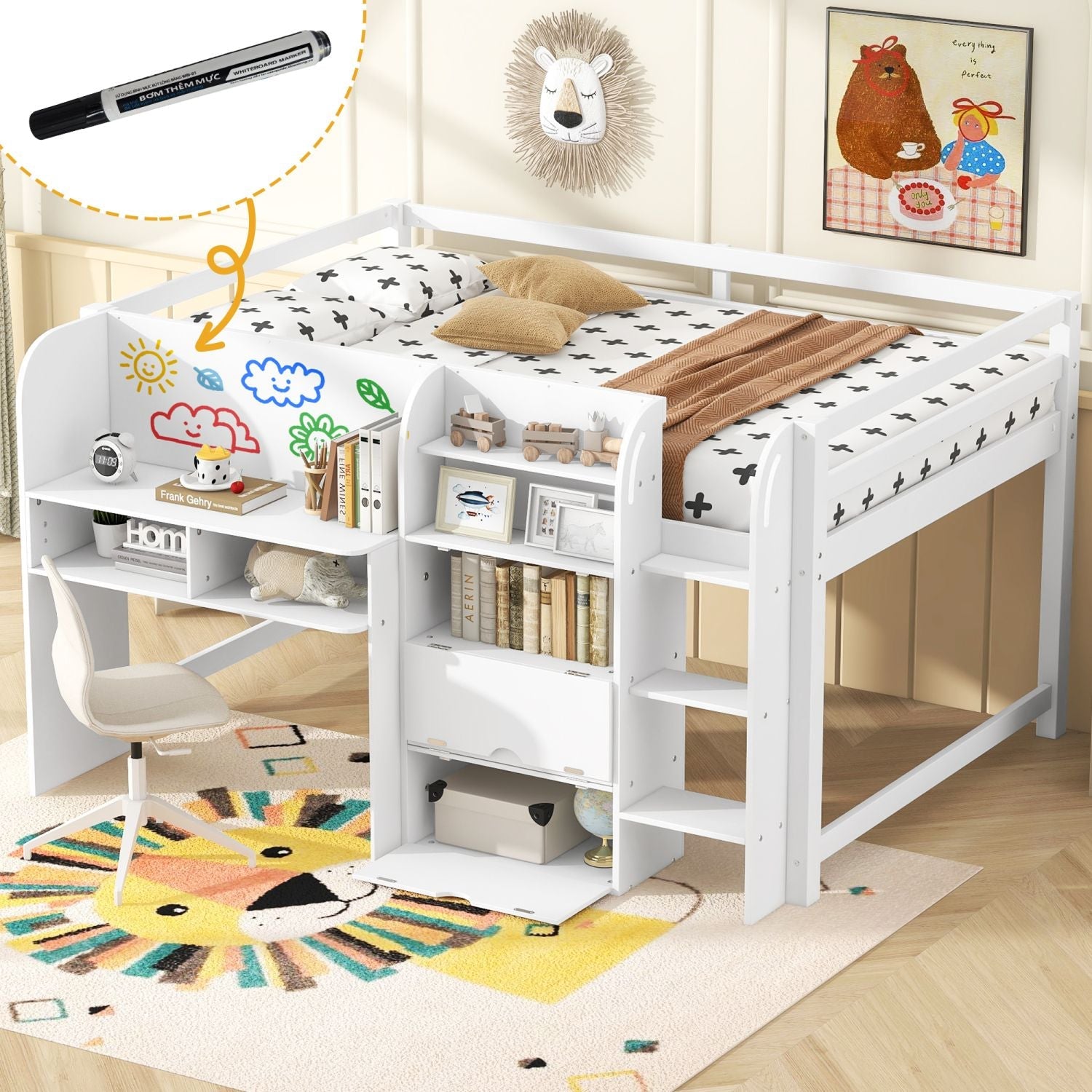 Full Size Low Loft Wood Bed with Built-in Desk, Storage Cabinets, Bookcase, White | Just Better Bunk Beds - Front View