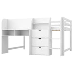 Full Size Low Loft Wood Bed with Built-in Desk, Storage Cabinets, Bookcase, White | Just Better Bunk Beds - View 11