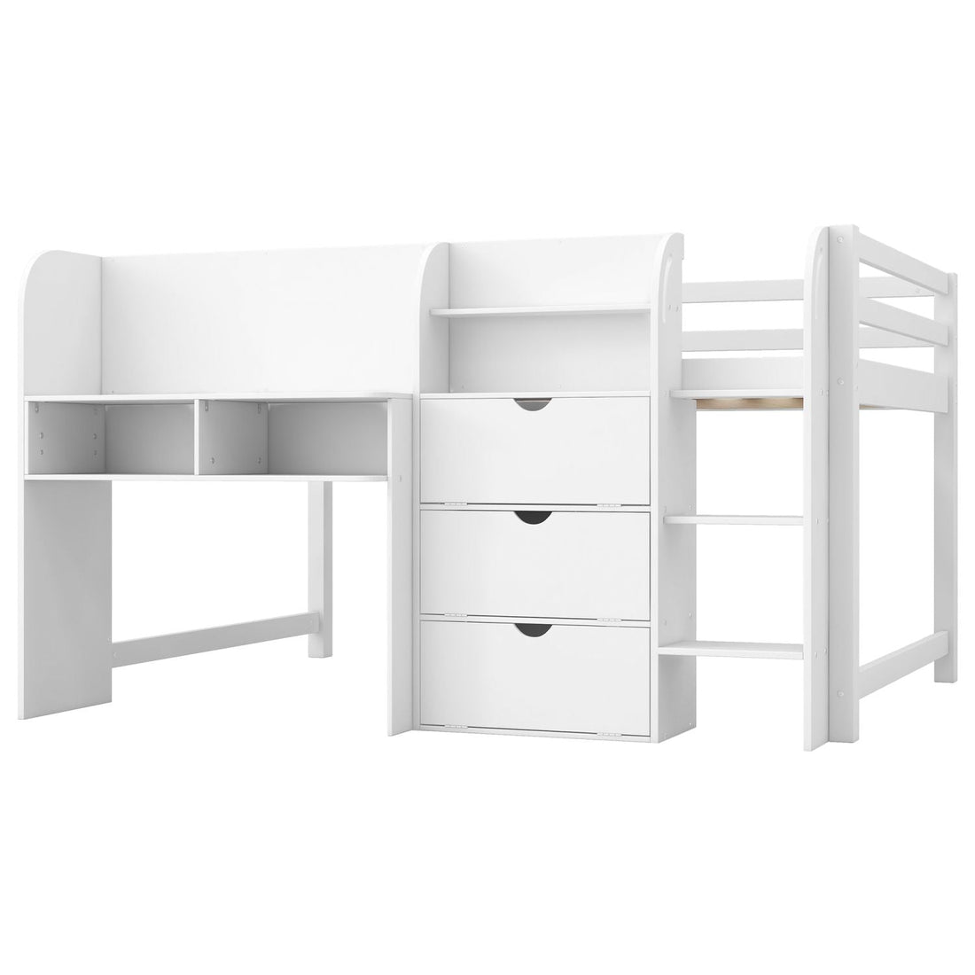 Full Size Low Loft Wood Bed with Built-in Desk, Storage Cabinets, Bookcase, White | Just Better Bunk Beds - View 11