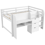 Full Size Low Loft Wood Bed with Built-in Desk, Storage Cabinets, Bookcase, White | Just Better Bunk Beds - View 15