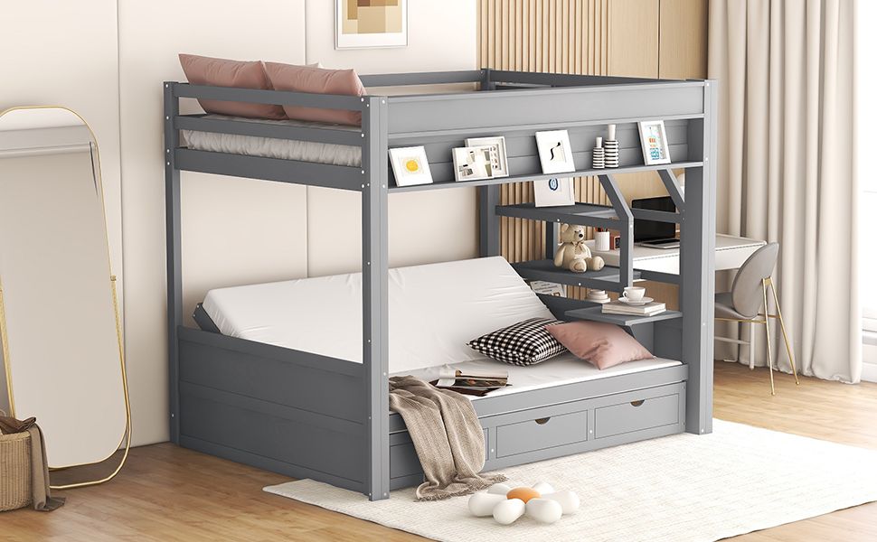 Full Size Wood Convertible Bunk Bed with Storage Staircase, Bedside Table, and 3 Drawers Gray | Just Better Bunk Beds - View 7