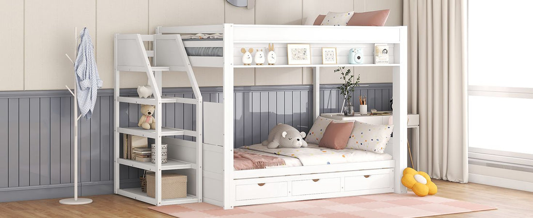 Full Size Wood Convertible Bunk Bed with Storage Staircase, Bedside Table, and 3 Drawers Gray | Just Better Bunk Beds - View 26