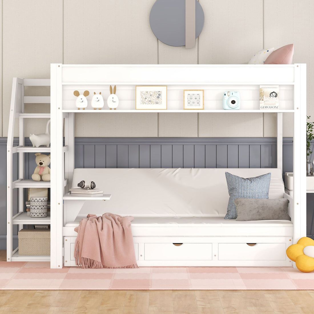 Full Size Wood Convertible Bunk Bed with Storage Staircase, Bedside Table, and 3 Drawers Gray | Just Better Bunk Beds - View 23