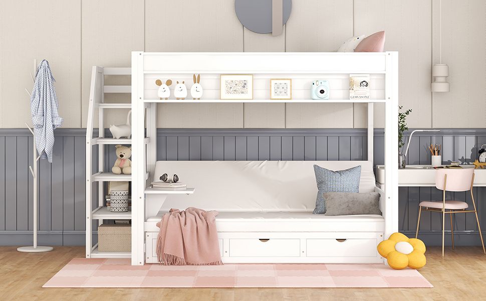 Full Size Wood Convertible Bunk Bed with Storage Staircase, Bedside Table, and 3 Drawers Gray | Just Better Bunk Beds - View 31