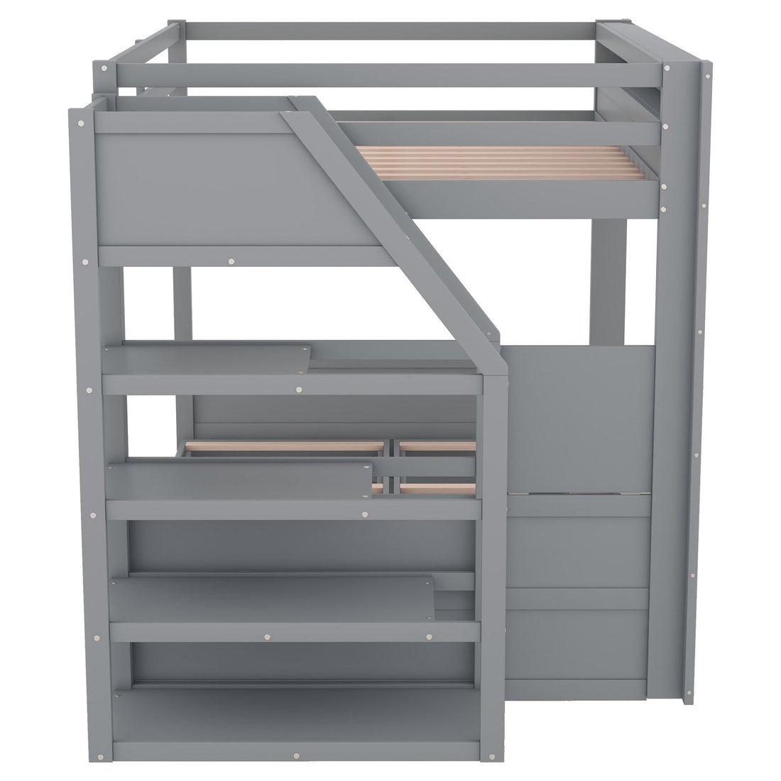 Full Size Wood Convertible Bunk Bed with Storage Staircase, Bedside Table, and 3 Drawers Gray | Just Better Bunk Beds - View 17