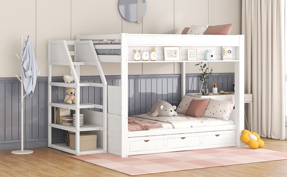 Full Size Wood Convertible Bunk Bed with Storage Staircase, Bedside Table, and 3 Drawers Gray | Just Better Bunk Beds - View 37