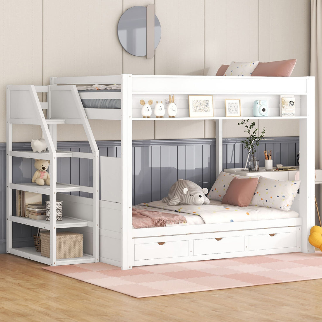 Full Size Wood Convertible Bunk Bed with Storage Staircase, Bedside Table, and 3 Drawers Gray | Just Better Bunk Beds - View 40