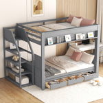 Full Size Wood Convertible Bunk Bed with Storage Staircase, Bedside Table, and 3 Drawers Gray | Just Better Bunk Beds - Front View
