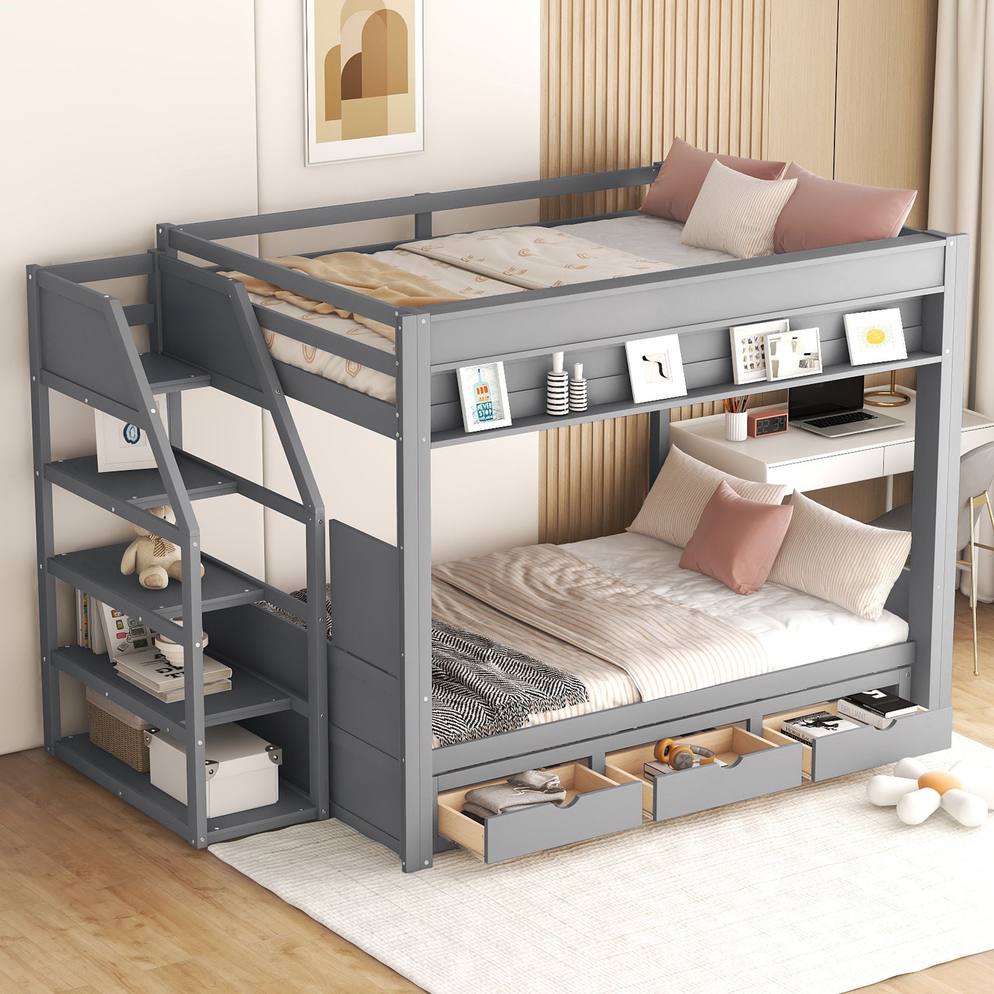 Full Size Wood Convertible Bunk Bed with Storage Staircase, Bedside Table, and 3 Drawers Gray | Just Better Bunk Beds - Front View
