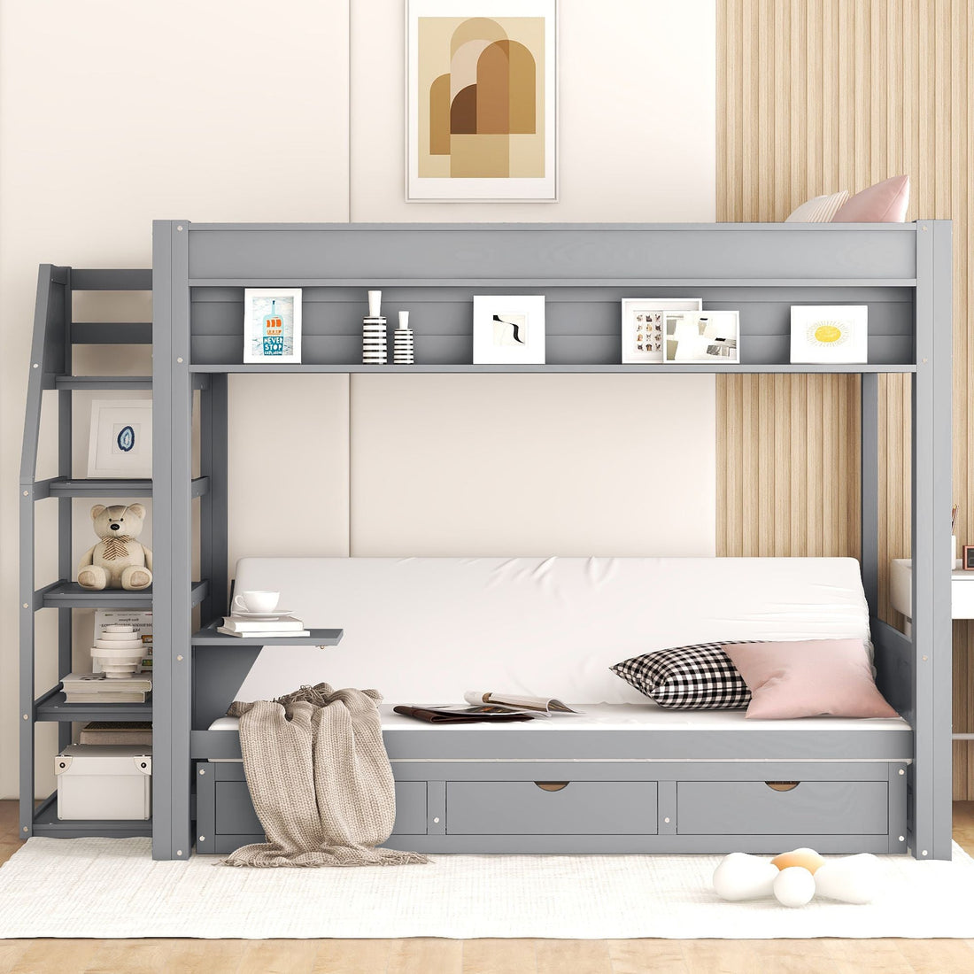 Full Size Wood Convertible Bunk Bed with Storage Staircase, Bedside Table, and 3 Drawers Gray | Just Better Bunk Beds - View 12