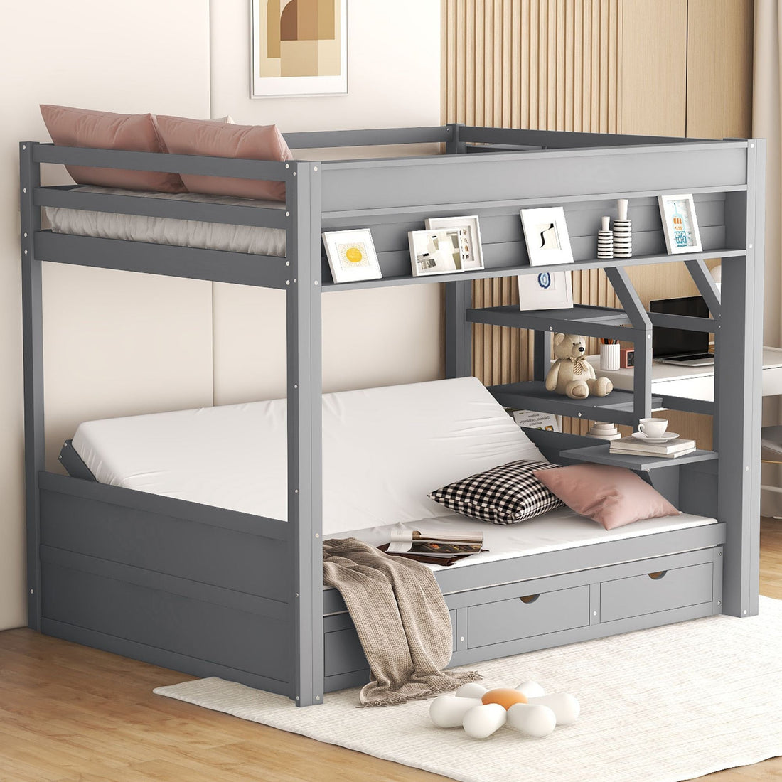 Full Size Wood Convertible Bunk Bed with Storage Staircase, Bedside Table, and 3 Drawers Gray | Just Better Bunk Beds - Assembly View