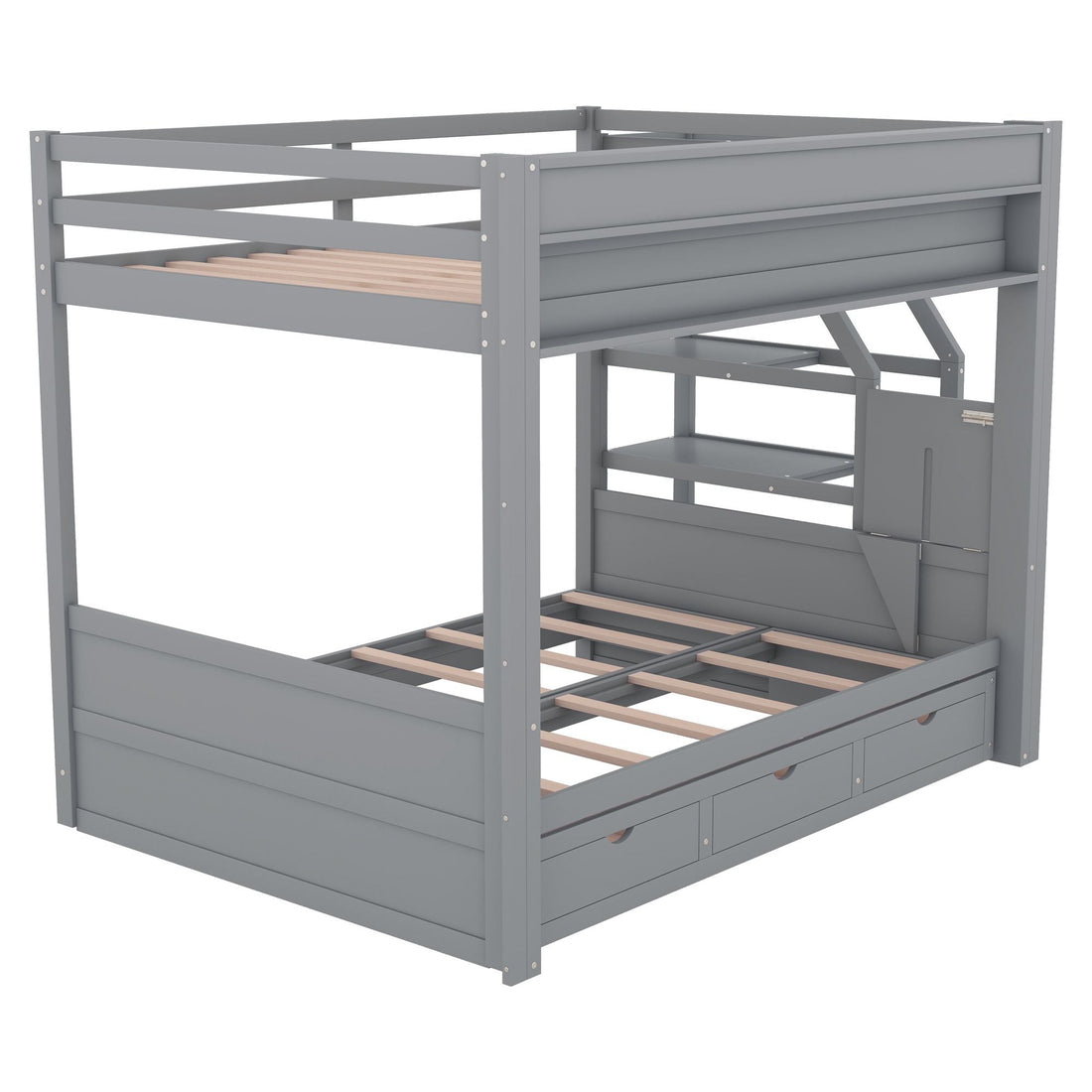 Full Size Wood Convertible Bunk Bed with Storage Staircase, Bedside Table, and 3 Drawers Gray | Just Better Bunk Beds - Detail View