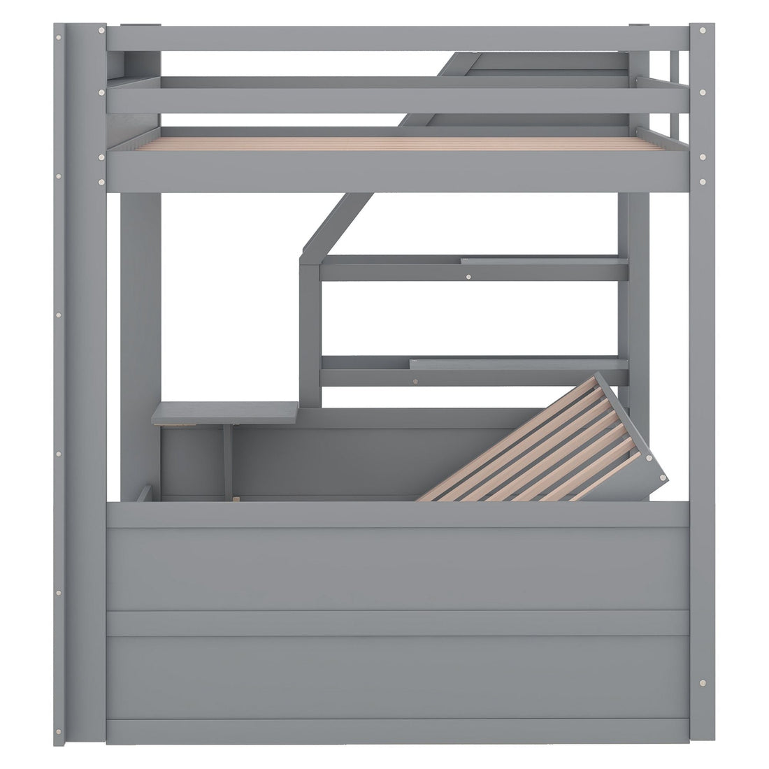 Full Size Wood Convertible Bunk Bed with Storage Staircase, Bedside Table, and 3 Drawers Gray | Just Better Bunk Beds - View 10
