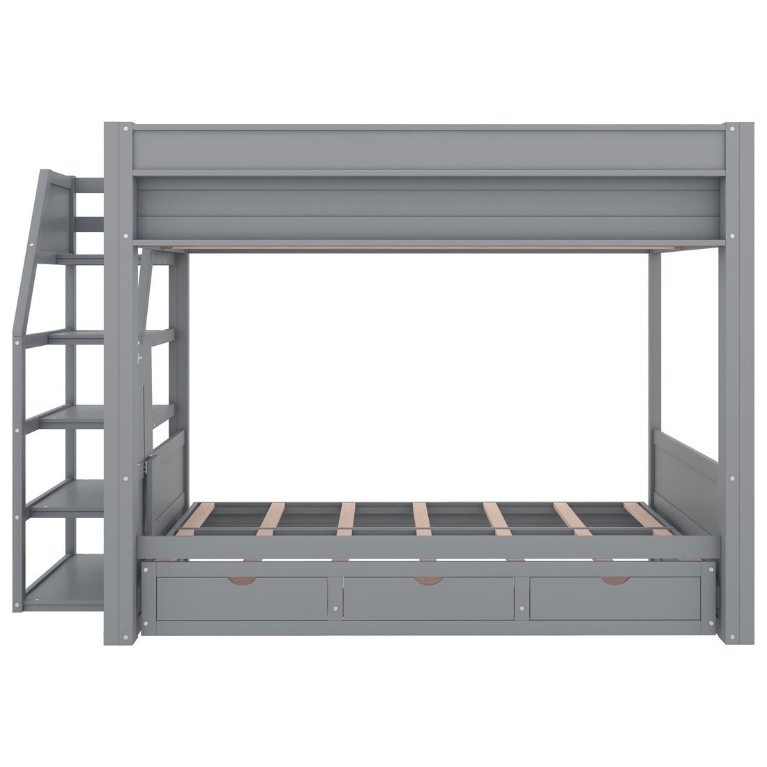 Full Size Wood Convertible Bunk Bed with Storage Staircase, Bedside Table, and 3 Drawers Gray | Just Better Bunk Beds - Side View