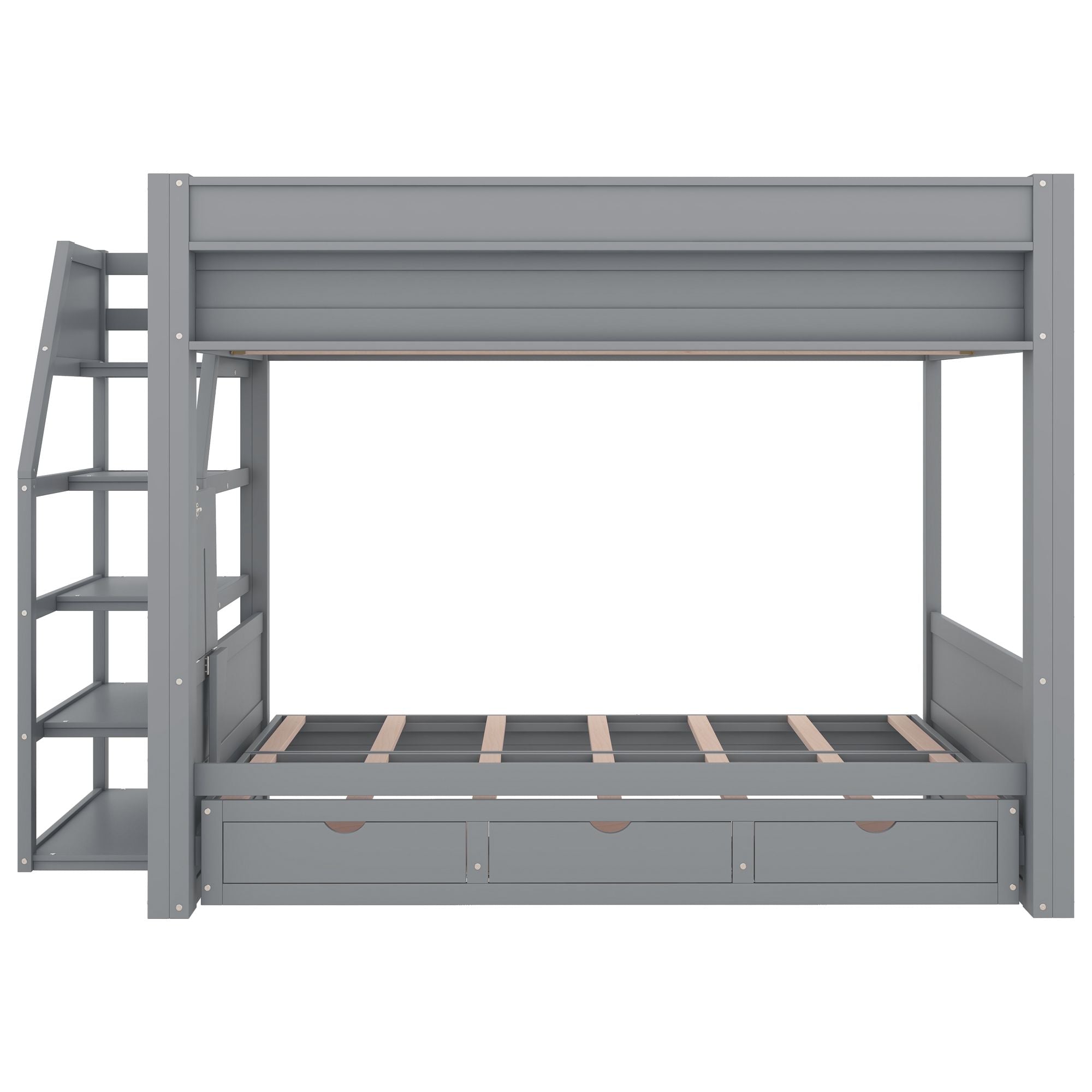Full Size Wood Convertible Bunk Bed with Storage Staircase, Bedside Table, and 3 Drawers Gray | Just Better Bunk Beds - Side View