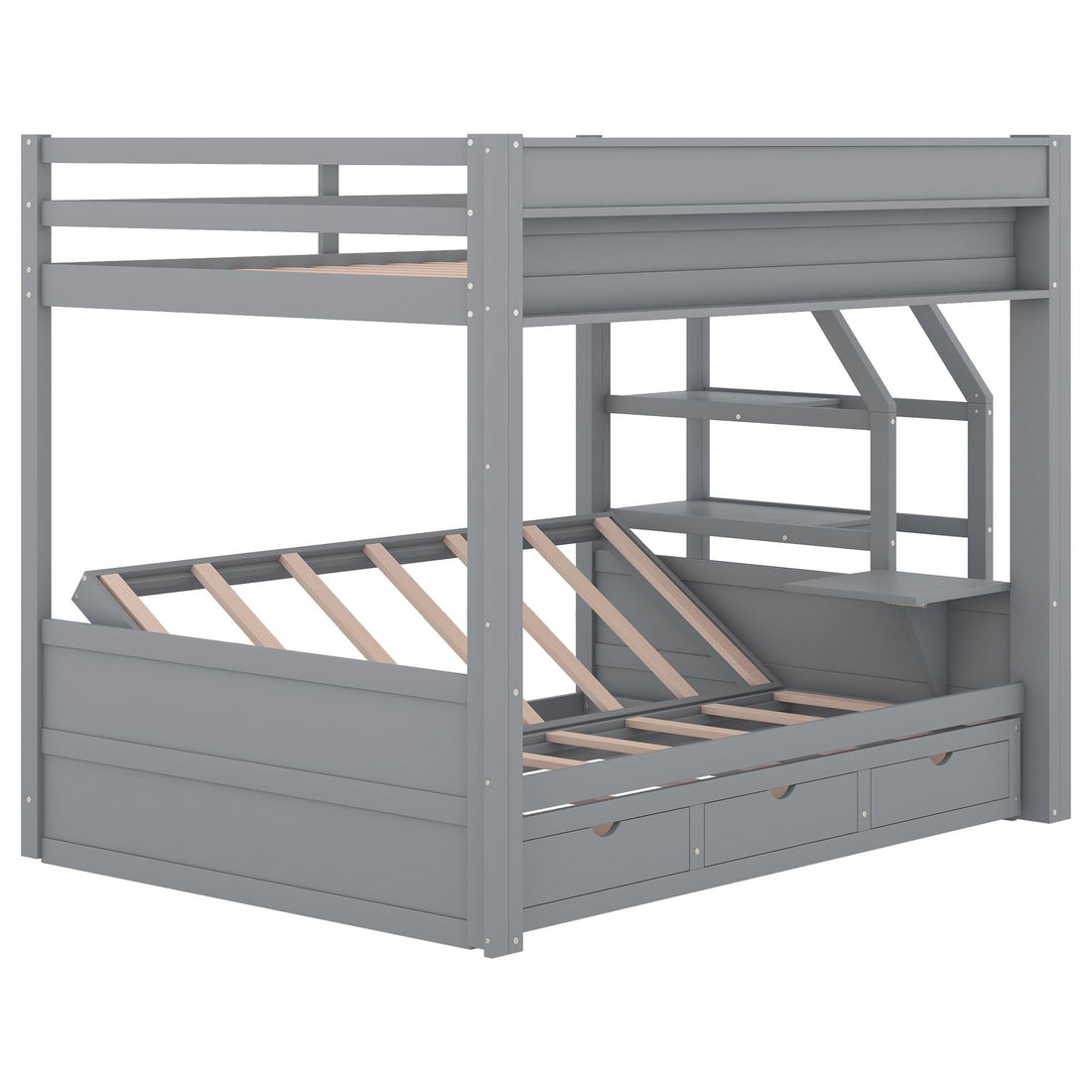 Full Size Wood Convertible Bunk Bed with Storage Staircase, Bedside Table, and 3 Drawers Gray | Just Better Bunk Beds - View 13