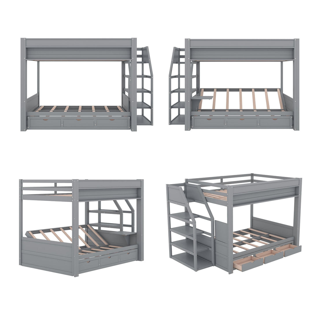 Full Size Wood Convertible Bunk Bed with Storage Staircase, Bedside Table, and 3 Drawers Gray | Just Better Bunk Beds - View 18