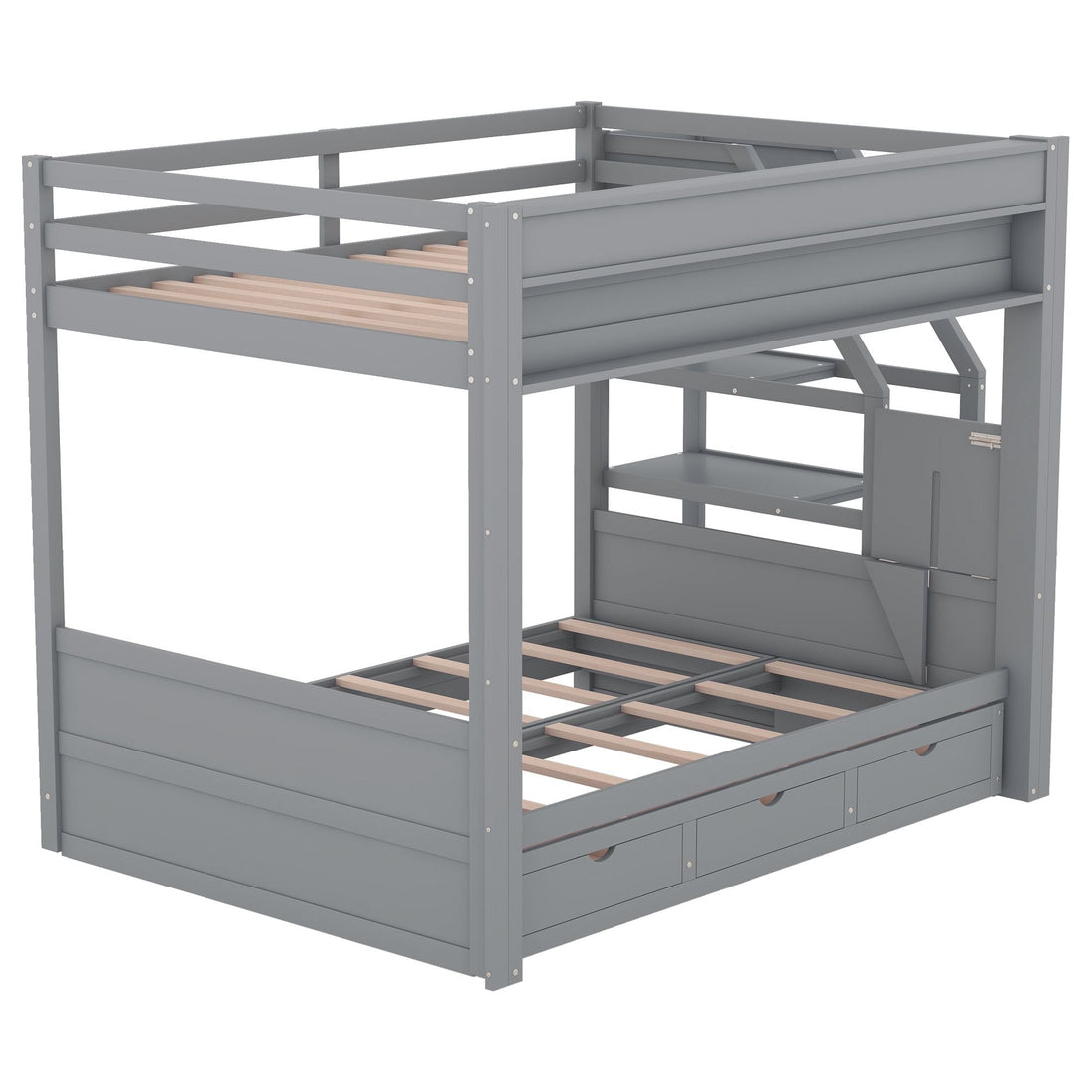 Full Size Wood Convertible Bunk Bed with Storage Staircase, Bedside Table, and 3 Drawers Gray | Just Better Bunk Beds - View 8
