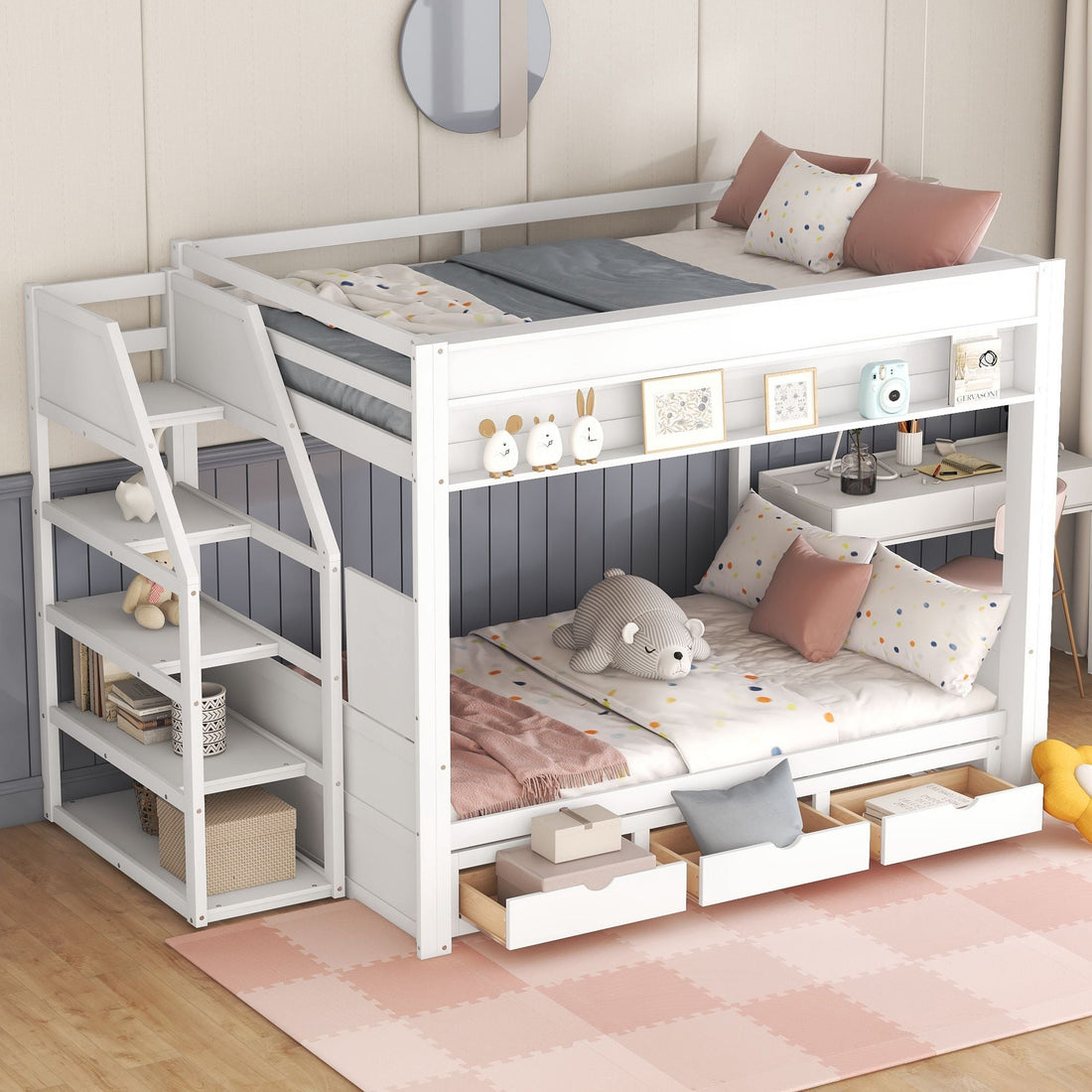 Full Size Wood Convertible Bunk Bed with Storage Staircase, Bedside Table, and 3 Drawers Gray | Just Better Bunk Beds - View 21