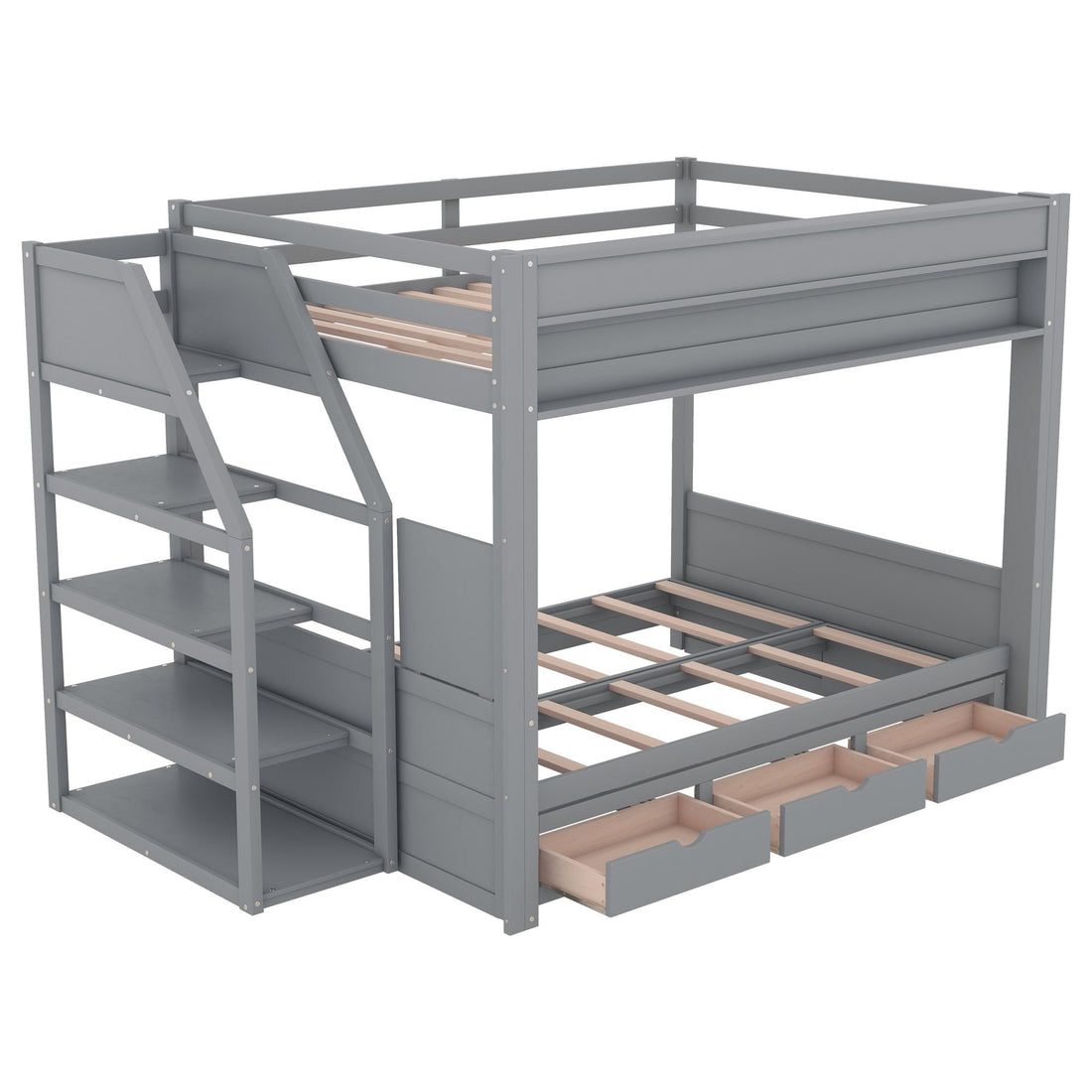 Full Size Wood Convertible Bunk Bed with Storage Staircase, Bedside Table, and 3 Drawers Gray | Just Better Bunk Beds - View 20