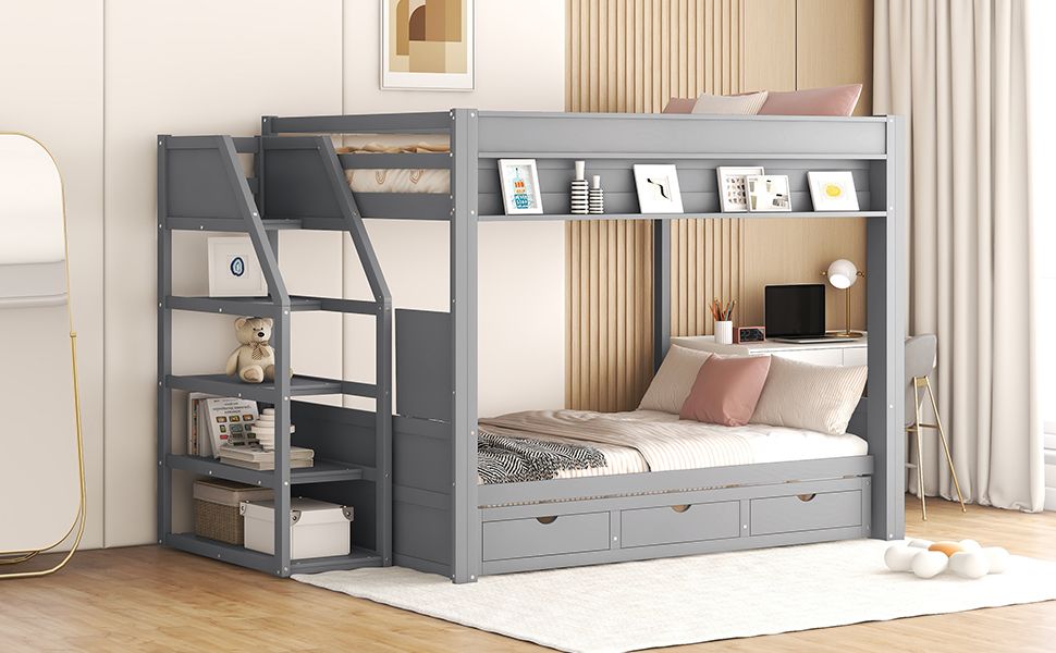 Full Size Wood Convertible Bunk Bed with Storage Staircase, Bedside Table, and 3 Drawers Gray | Just Better Bunk Beds - View 16