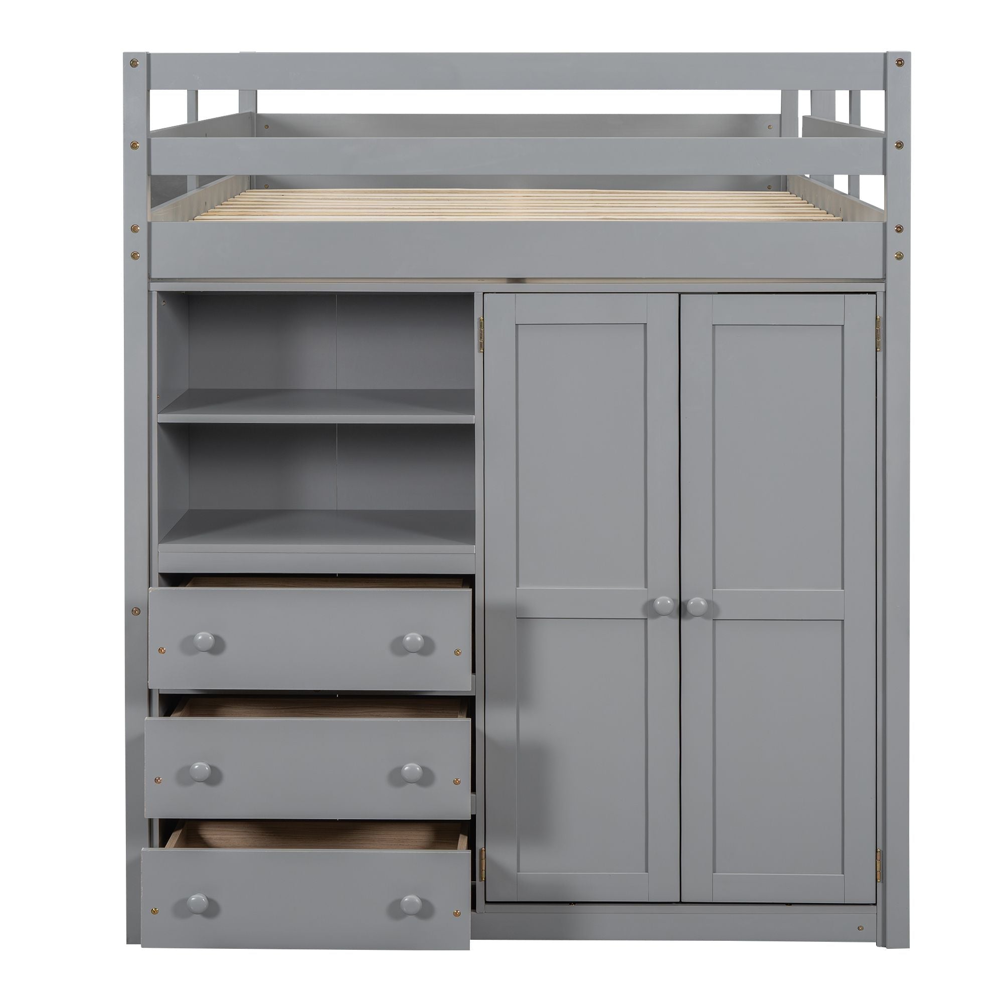 Full Size Wood Loft Bed with Built-in Wardrobe, Desk, and Storage, Gray | Just Better Bunk Beds - View 14