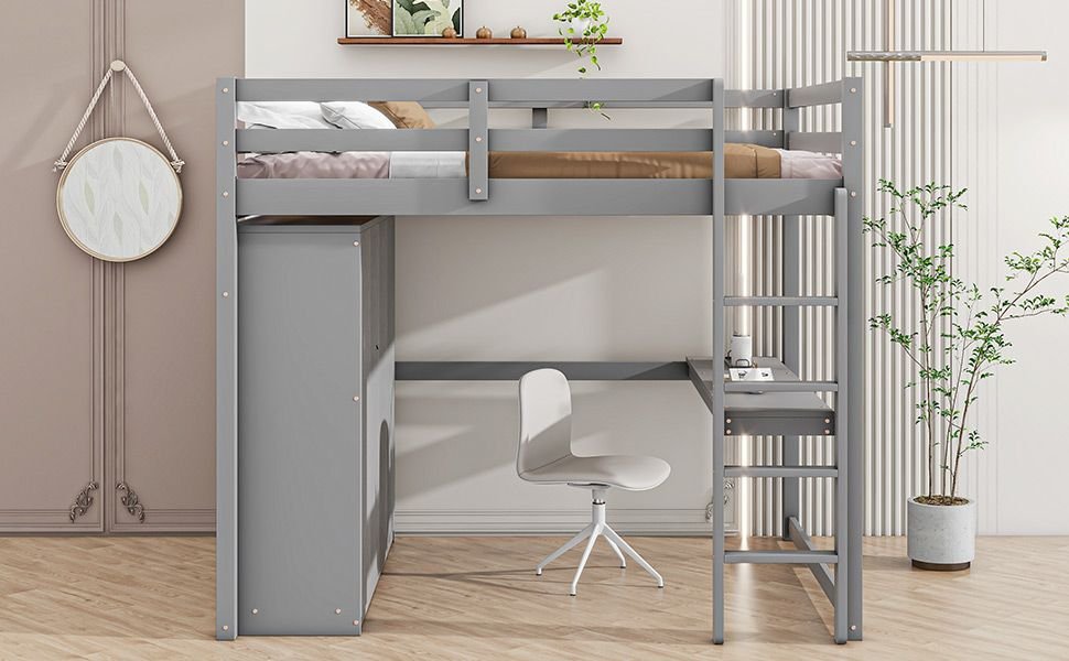 Full Size Wood Loft Bed with Built-in Wardrobe, Desk, and Storage, Gray | Just Better Bunk Beds - View 6