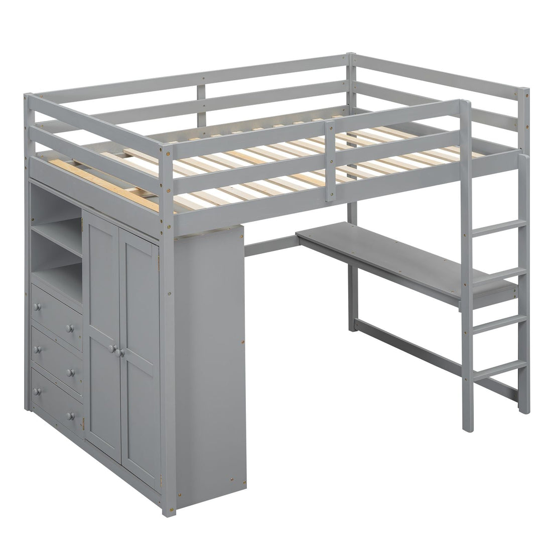 Full Size Wood Loft Bed with Built-in Wardrobe, Desk, and Storage, Gray | Just Better Bunk Beds - View 15