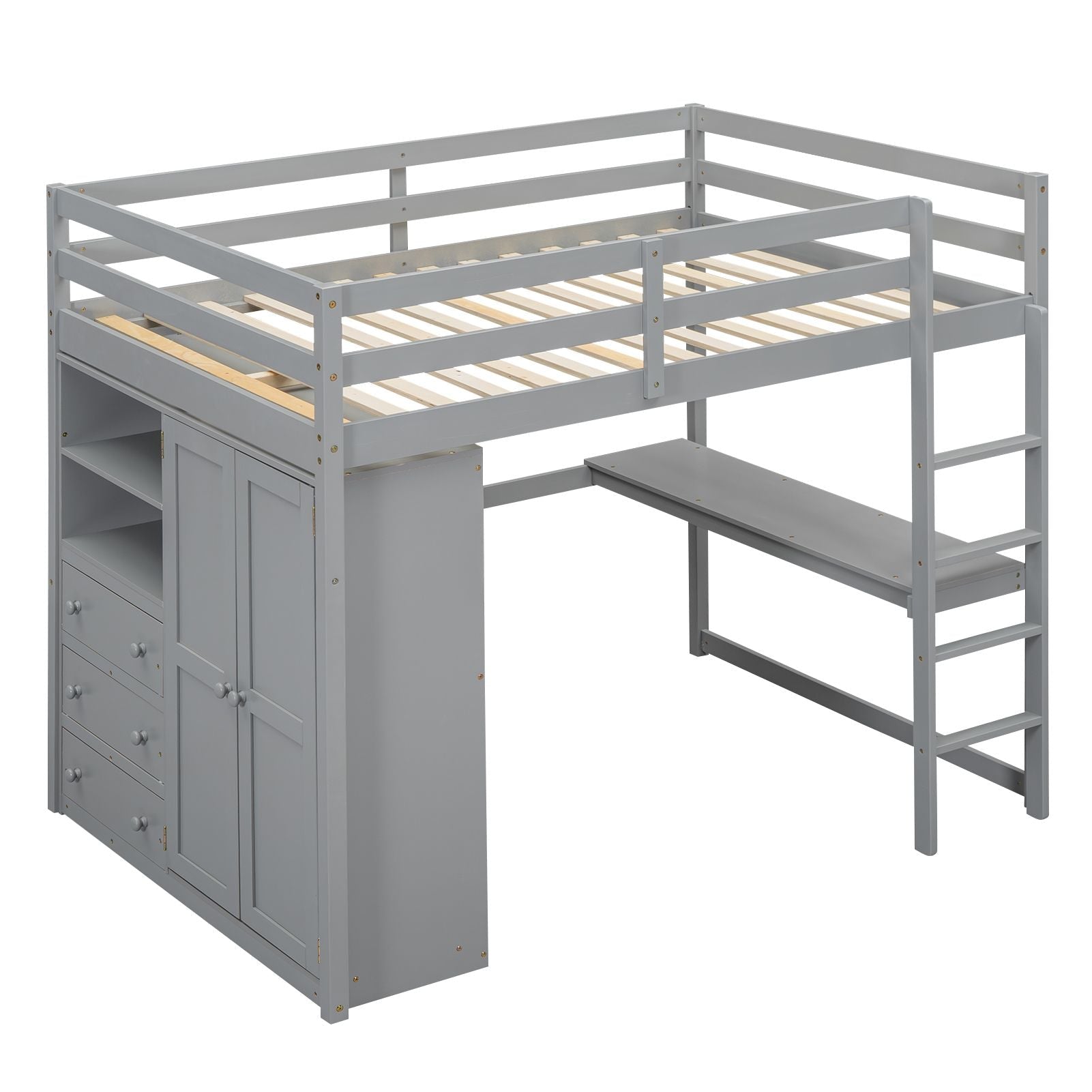 Full Size Wood Loft Bed with Built-in Wardrobe, Desk, and Storage, Gray | Just Better Bunk Beds - View 15