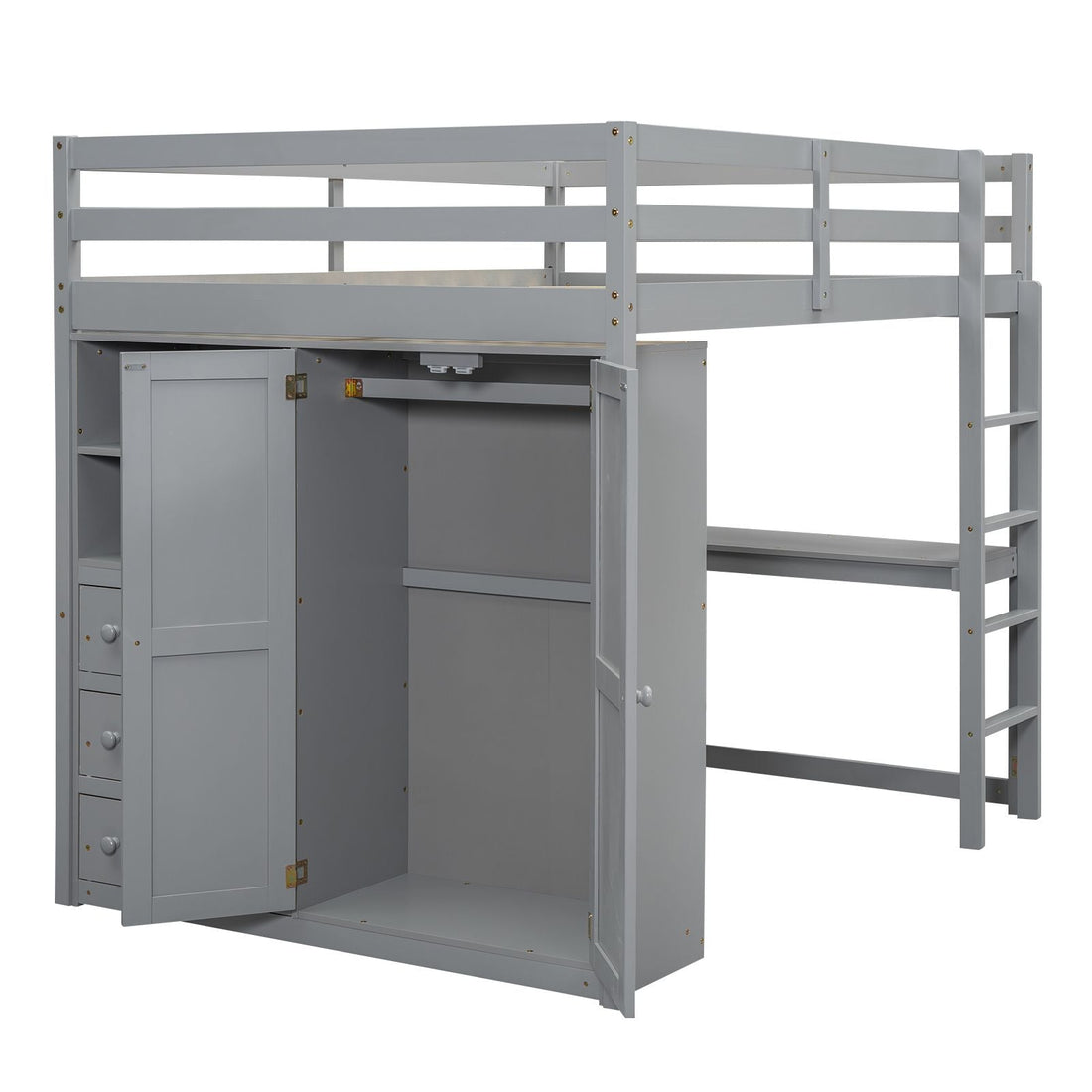 Full Size Wood Loft Bed with Built-in Wardrobe, Desk, and Storage, Gray | Just Better Bunk Beds - View 16