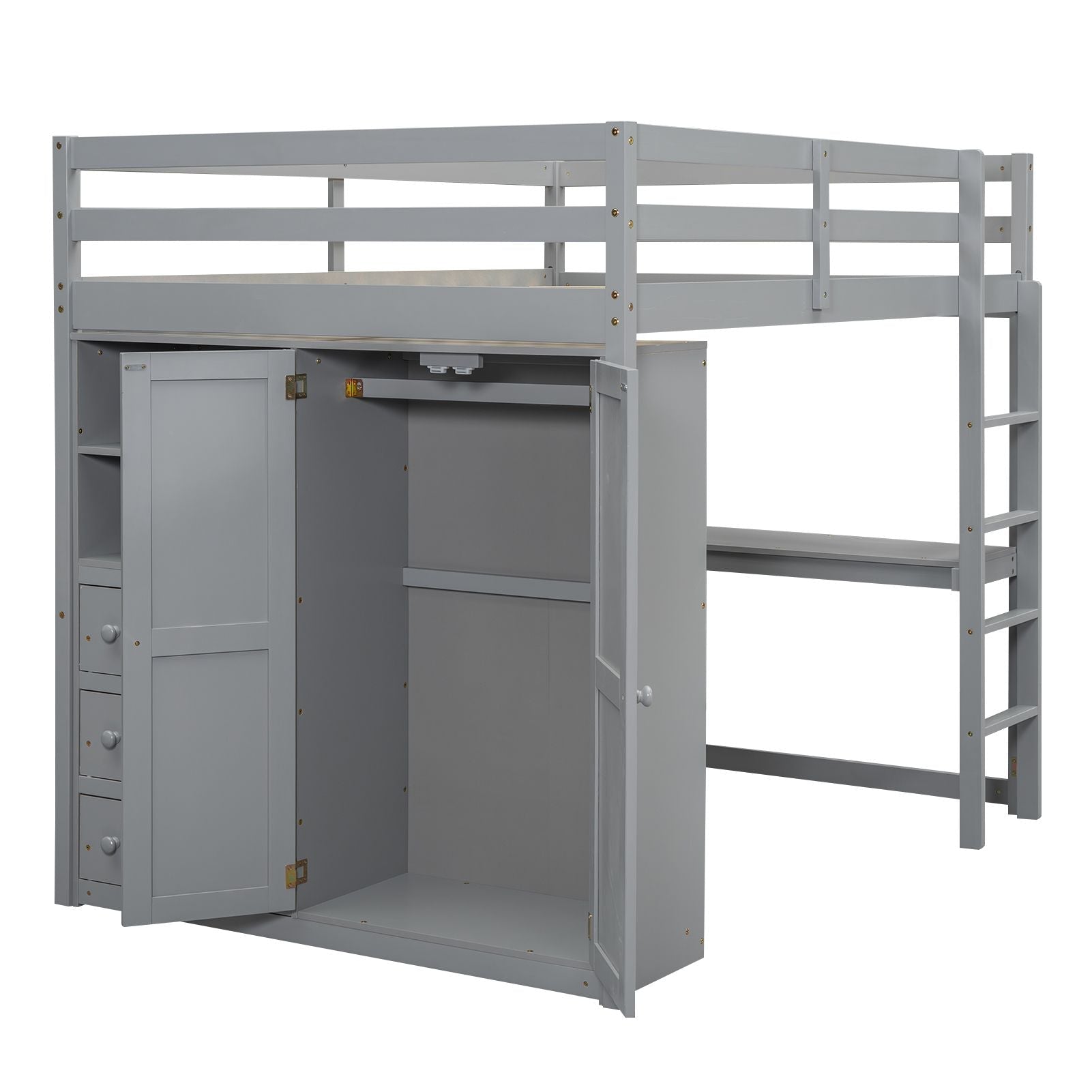 Full Size Wood Loft Bed with Built-in Wardrobe, Desk, and Storage, Gray | Just Better Bunk Beds - View 16