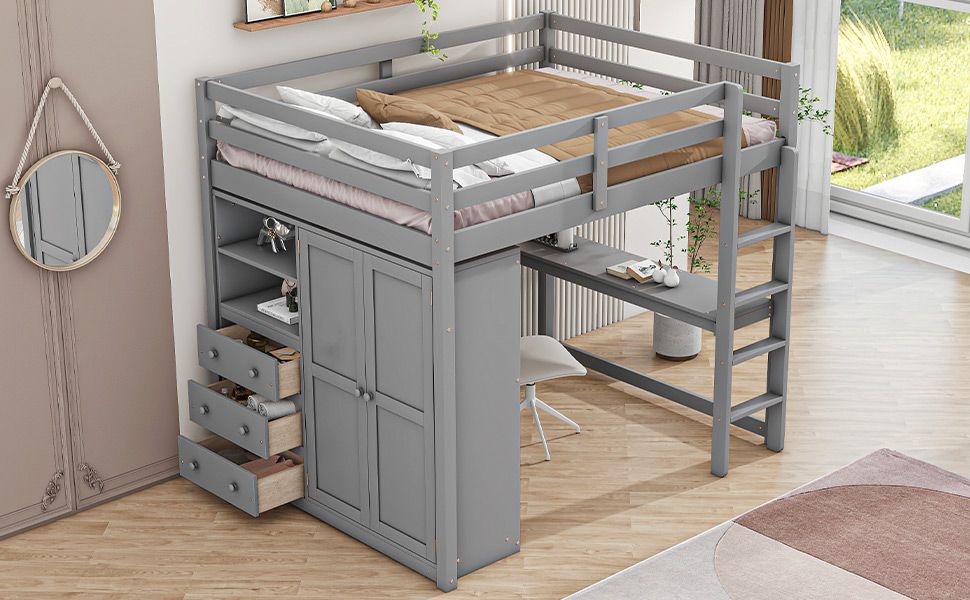 Full Size Wood Loft Bed with Built-in Wardrobe, Desk, and Storage, Gray | Just Better Bunk Beds - View 5
