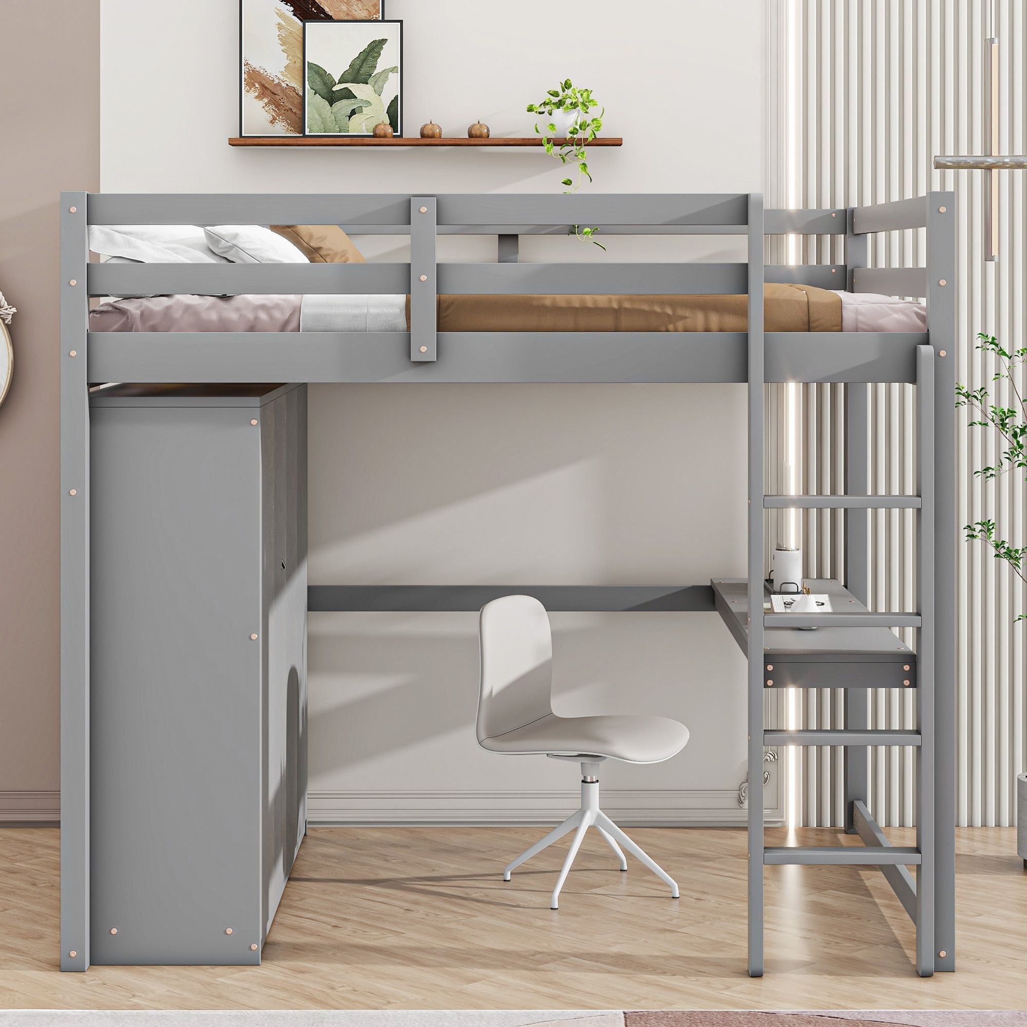Full Size Wood Loft Bed with Built-in Wardrobe, Desk, and Storage, Gray | Just Better Bunk Beds - Detail View